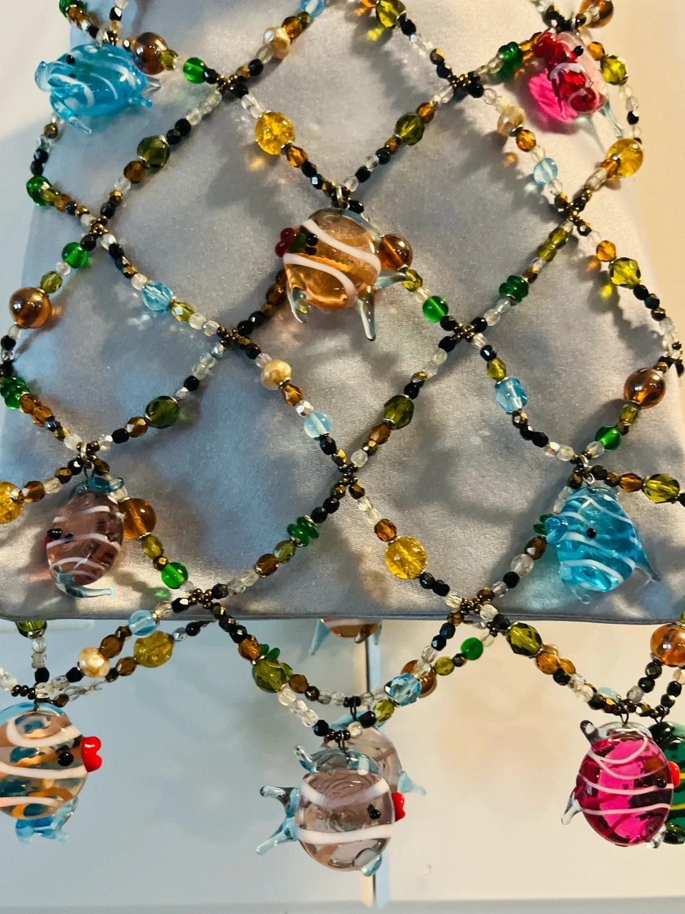 Renaud Pellegrino one of a kind Blue Satin Beaded Fish Charm Pouch